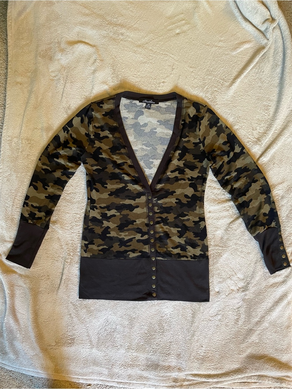 Hawthorne Women’s Brown Green Camo Button-Front Women's Cardigan size Medium